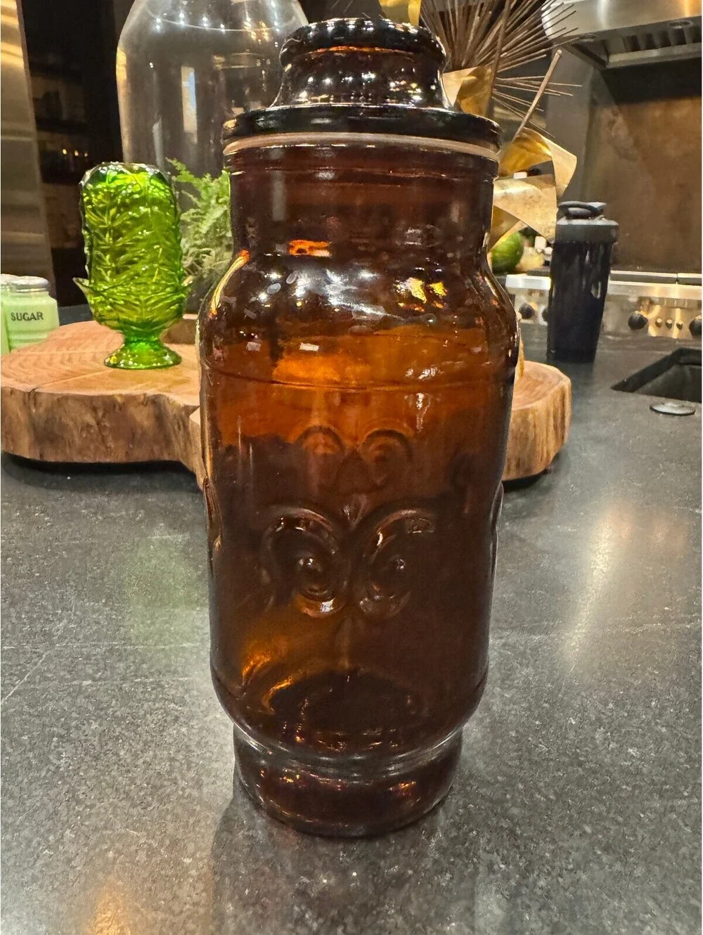 1970s Borden Cremora Amber Glass Apothecary Canister with Lid